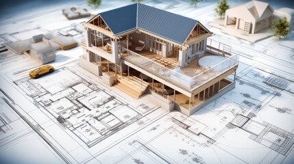 Poster - vision of architecture of a 3d model house project with blueprint