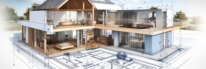 Poster - architecture of a 3d model house project with blueprint