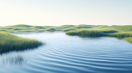 Poster - 3D isometric view of a calm lake with ripples on the water surface and grassy shores, offering a serene and picturesque landscape for outdoor imagery