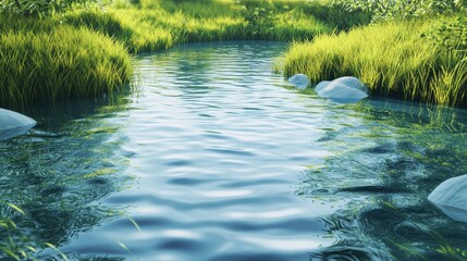 Poster - 3D isometric view of a calm lake with ripples on the water surface and grassy shores, offering a serene and picturesque landscape for outdoor imagery