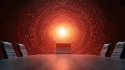 Poster - A futuristic conference room with a glowing red backdrop, featuring a central table and surrounding chairs, evoking a sense of technology and innovation.