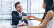 © peopleimages.com - Business people, meeting or handshake with hiring for partnership, contract agreement or deal at office. Businessman, woman or colleagues shaking hands with smile for onboarding recruit at workplace