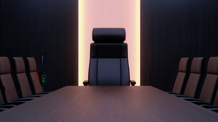 Poster - A sleek, modern conference room featuring a prominent chair at the head of a long table, illuminated by soft, ambient lighting.