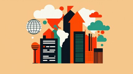 Poster - A colorful cityscape featuring skyscrapers, clouds, and a globe, symbolizing urban growth and development.