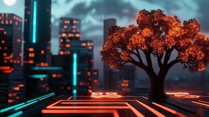 Fototapete - A glowing tree amidst a futuristic urban landscape, showcasing vibrant colors and a digital circuit pattern on the ground.