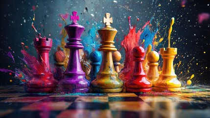Poster - A blend of colorful paint splashes with chess pieces in vibrant colors, capturing the essence of creativity, strategy, and artistic expression in one dynamic image