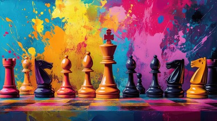 Poster - A blend of colorful paint splashes with chess pieces in vibrant colors, capturing the essence of creativity, strategy, and artistic expression in one dynamic image
