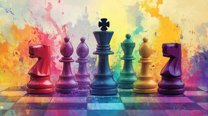 Poster - A blend of colorful paint splashes with chess pieces in vibrant colors, capturing the essence of creativity, strategy, and artistic expression in one dynamic image