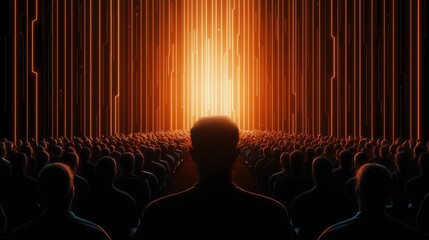 Poster - A crowd of silhouetted figures faces a vibrant light source, creating an atmosphere of awe and anticipation.