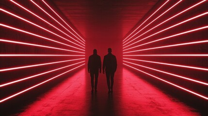 Poster - Two silhouetted figures walk through a corridor illuminated by vibrant red lights, creating a dramatic and futuristic atmosphere.