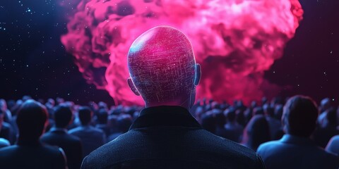 Poster - A mesmerizing scene of a figure with a digital head, gazing at a vibrant cosmic explosion, surrounded by an audience in a dark setting.