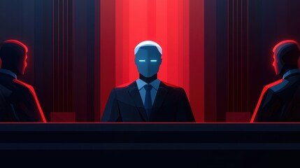 Aufkleber - A futuristic, stylized scene featuring a central figure in a suit with glowing features, flanked by two shadowy figures against a vivid red backdrop.