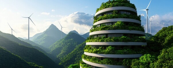 Aufkleber - A modern, eco-friendly building surrounded by lush greenery and wind turbines set against a mountainous landscape.