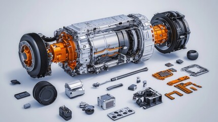 Poster - Exploded view of an electric vehicle motor with its components.