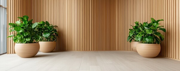 Aufkleber - A serene interior featuring wooden panels and potted plants, creating a tranquil and modern atmosphere.