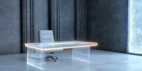 Poster - A modern, minimalist office space featuring a sleek, transparent desk and chair against a textured gray wall.
