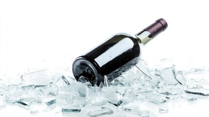 Poster - A broken wine bottle surrounded by glass shards, isolated on a white background, highlighting the destruction and fragility of glass