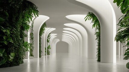 Poster - A modern, sleek corridor adorned with lush greenery and elegant arches, creating a serene and inviting atmosphere.