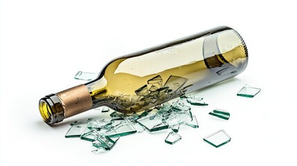 Poster - A broken wine bottle with glass shards spread out, isolated on a white background, showcasing the destructive yet artistic nature of the shards