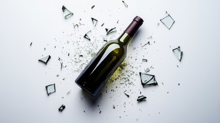 Poster - A broken wine bottle with glass shards spread out, isolated on a white background, showcasing the destructive yet artistic nature of the shards