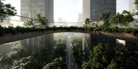 Poster - A futuristic urban landscape featuring tall buildings connected by a green bridge adorned with lush vegetation and trees.