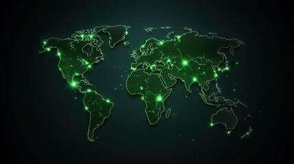 Fototapete - A digital illustration of a green world map with glowing nodes, representing connectivity and technology on a dark background.
