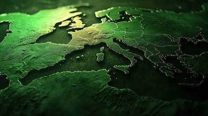 Poster - A detailed green map of Europe, showcasing terrain features and topography with a focus on natural elements and textures.