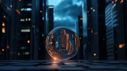 Poster - A futuristic cityscape is encapsulated within a transparent sphere, illuminated by glowing orange lights against a dark, moody sky.