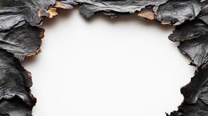 Poster - A close-up of a burnt hole in a paper frame, showing the charred edges and texture, isolated on a white background for an artistic and dramatic effect