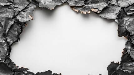 Poster - A close-up of a burnt hole in a paper frame, showing the charred edges and texture, isolated on a white background for an artistic and dramatic effect