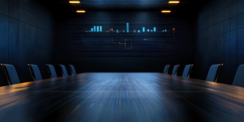 Poster - A modern, dimly lit conference room featuring a long wooden table and sleek chairs, ideal for meetings and discussions.