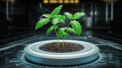 Aufkleber - A small green plant with vibrant leaves sits in soil on a futuristic circular base, highlighting a blend of nature and technology.