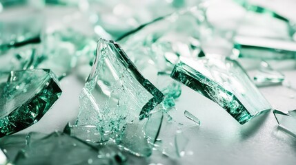 Poster - A close-up of glass shards from a broken wine bottle, scattered on a white surface, capturing the sharpness and clarity of each piece