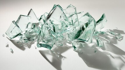 Poster - A close-up of glass shards from a broken wine bottle, scattered on a white surface, capturing the sharpness and clarity of each piece