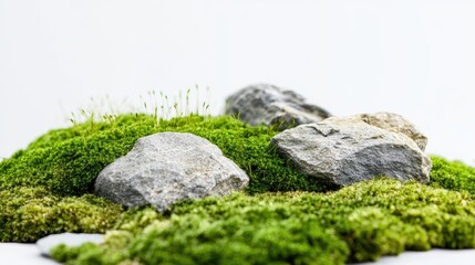 Poster - A close-up shot of green moss with decorative rocks, isolated on a white background, perfect for nature-inspired visuals or landscape designs
