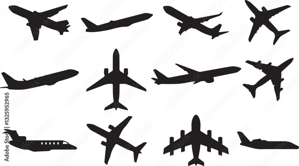 Set of vector silhouettes of airplanes in various styles and types,Set ...