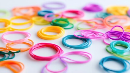 Poster - A collection of colorful rubber bands scattered across a white surface, capturing the vivid hues and versatility for organizational or creative uses