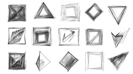 Poster - A collection of hand-drawn squares and arrows on a white background, representing basic geometric shapes and symbols for use in art or design work