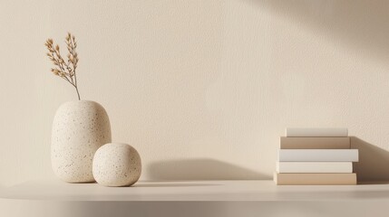 Poster - A minimalist scene featuring textured vases and stacked books on a soft, neutral surface, creating a serene and inviting atmosphere.