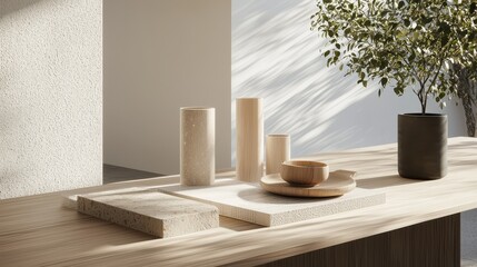 Poster - A serene interior scene featuring minimalist decor, natural materials, and soft lighting, creating a calming atmosphere.