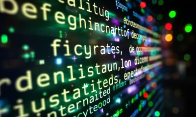 digital code stream, glowing, night, tech background, software development