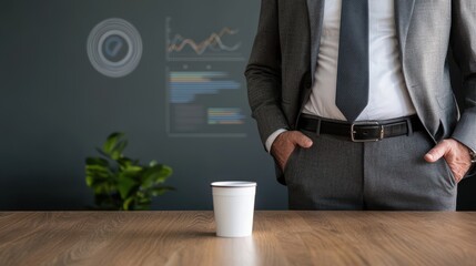 Poster - A businessman stands at a desk with a coffee cup, surrounded by digital graphs and greenery, suggesting a modern work environment.