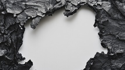 Poster - A detailed shot of a burnt hole frame on white paper, the textured edges and blackened paper creating an eye-catching contrast on a white background
