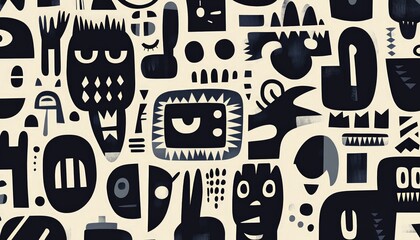 Poster - Abstract seamless pattern featuring a collection of diverse, dark blue figures and shapes arranged against a cream-colored backdrop in a pixelated design