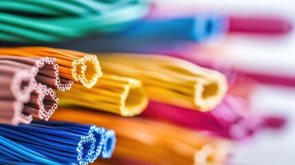 Poster - A detailed shot of multiple colorful insulated cables and wires cut into short lengths, isolated on a clean white background, perfect for technical or DIY themes