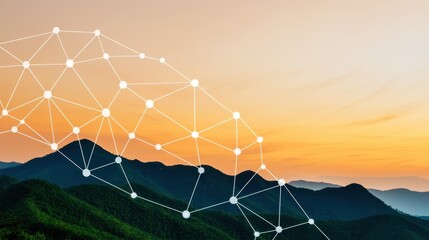 Fototapete - A serene mountain landscape at sunset, overlaid with a digital network graphic, illustrating the blend of nature and technology.
