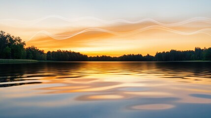 Poster - A serene sunset over a calm lake, reflecting vibrant colors in the water surrounded by lush greenery.