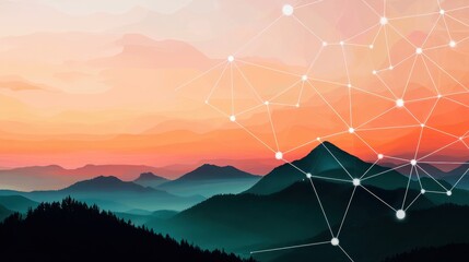Poster - A serene mountain landscape at sunset, featuring a network of connected dots symbolizing technology and communication.