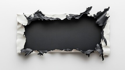 Poster - A dramatic image of a paper frame with a burnt hole in the middle, showcasing the unique texture and blackened marks, isolated on a white surface