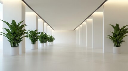 Aufkleber - A minimalist corridor featuring bright white walls, sleek flooring, and green plants in modern pots, creating a serene and inviting atmosphere.